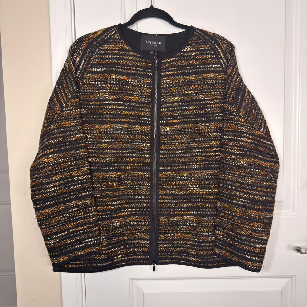 Lafayette 148 New York Tweed Zip Up Cardigan Jacket Multi Color Wool Blend L